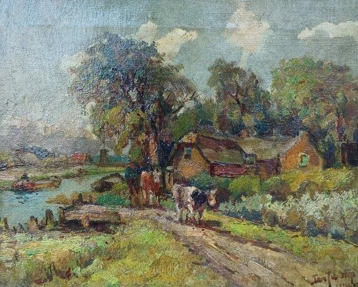 Jan J. van der Stap (1874-1940) - Landschap met koeien, Antiek en Kunst, Kunst | Schilderijen | Klassiek