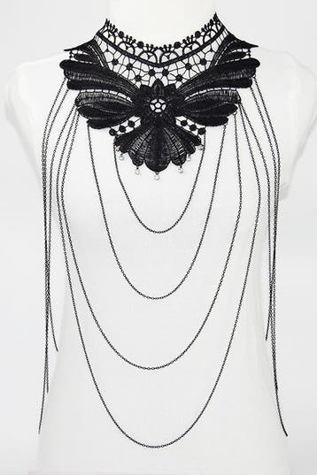 KIMU® Body Chain Zwart Kant Kraagje Lichaamsketting Victoria, Kunststof, Verstelbaar, Zwart, Nieuw