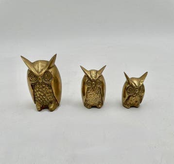 sculptuur, Trio of Solid Brass Owls – Hollywood Regency, Nieuw
