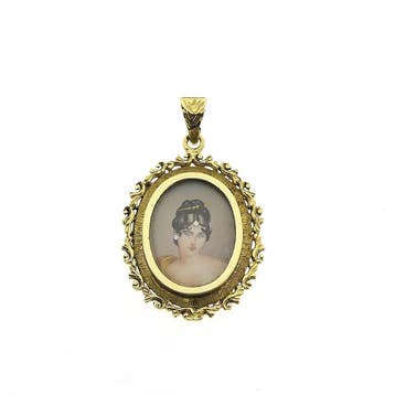Antiek bicolor gouden hanger met emaille portret, Ophalen of Verzenden, Gebruikt, Goud, Overige merken