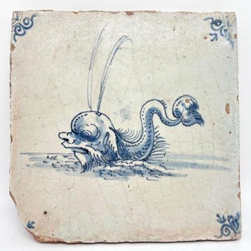 Antiek Tegel - Antieke Delftsblauwe tegel met grote vis (, Antiek en Kunst