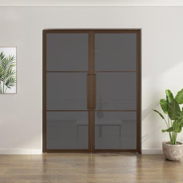 Dubbele stalen taatsdeur - 3 Vlaks - Brons - Rookglas, Nieuw, Metaal, Overige typen, 200 tot 215 cm