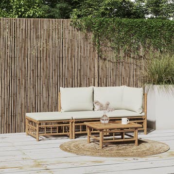 vidaXL 3-delige Loungeset met kussens bamboe crèmewit, Verzenden, Nieuw, Hout, Loungeset