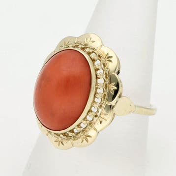 Ring - 14 karaat Geel goud - Bloedkoraal, Sieraden, Tassen en Uiterlijk, Nieuw
