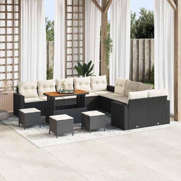 vidaXL Tuinbankenset met kussen 18 pcs Zwart en Crème poly, Verzenden, Nieuw, Rotan, 8 zitplaatsen