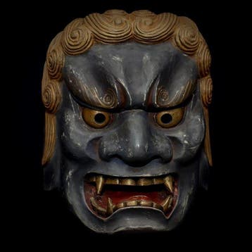 Signed Japan Wooden Noh Mask of Fudo   (with Mask bag)