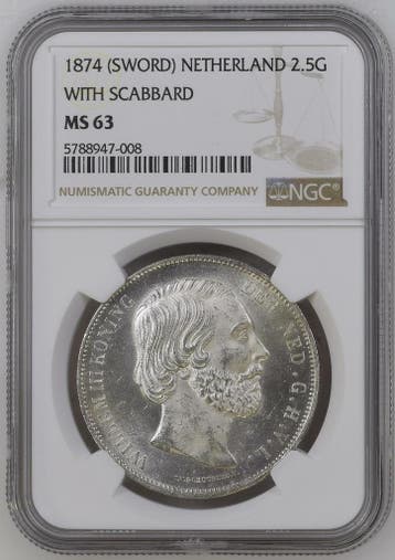 Koning Willem III 2 1/2 Gulden 1874 Scabbard MS63 NGC, Postzegels en Munten, Verzenden, Koning Willem III, Losse munt, Zilver