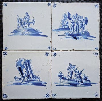 Tegel - 4 antieke tegels met bijbelse voorstellingen. -, Antiek en Kunst
