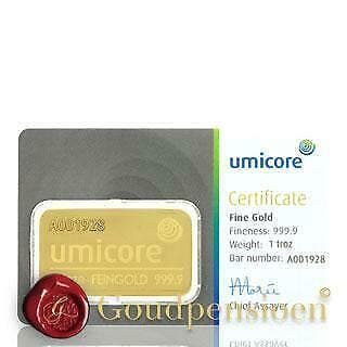 1 Oz Gram Umicore Goudbaar Met Certificaat 999,9 Puur Goud, Postzegels en Munten, Edelmetalen en Baren, Ophalen of Verzenden, Goud