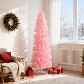 vidaXL Kunstmatige slanke kerstboom 180 cm PVC en staal Roze, Diversen, Verzenden, Nieuw