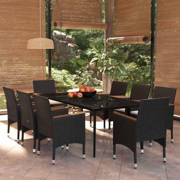 vidaXL 9-delige Tuinset met kussens zwart, Verzenden, Nieuw, 8 zitplaatsen, Tuinset