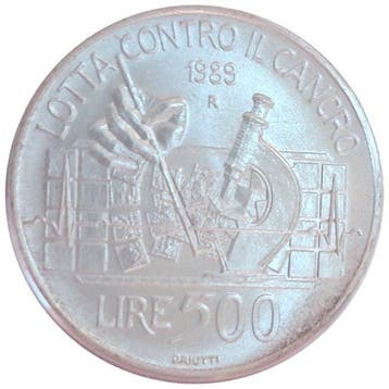 Italië, Republiek 500 Lire 1989 Lotta contro il cancro
