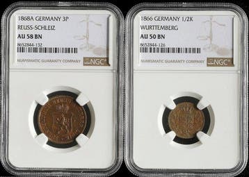 Duitsland. 3 Pfennig 1868 (AU58) / 1/2 Kreuzer 1866 (AU50)