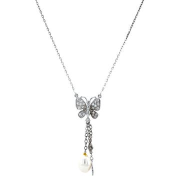 Witgouden collier met diamant vlinder en parel 42 cm 18, Verzenden, Zo goed als nieuw, Goud, Verstelbaar