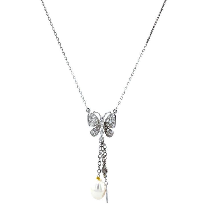 Witgouden collier met diamant vlinder en parel 42 cm 18, Sieraden, Tassen en Uiterlijk, Kettingen, Goud, Zo goed als nieuw, Verstelbaar
