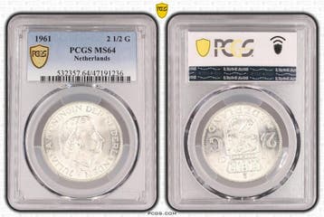 Koningin Juliana zilveren 2 1/2 gulden 1961 MS64 PCGS, Verzenden, Koningin Juliana, Losse munt, Zilver