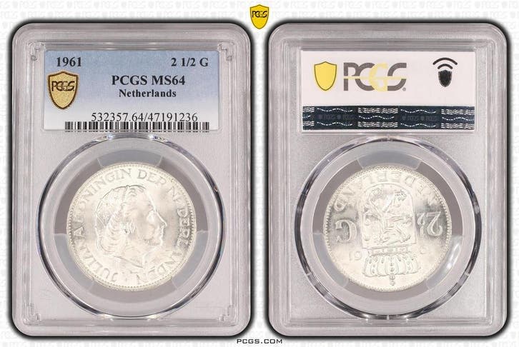 Koningin Juliana zilveren 2 1/2 gulden 1961 MS64 PCGS, Postzegels en Munten, Munten | Nederland, Losse munt, Koningin Juliana