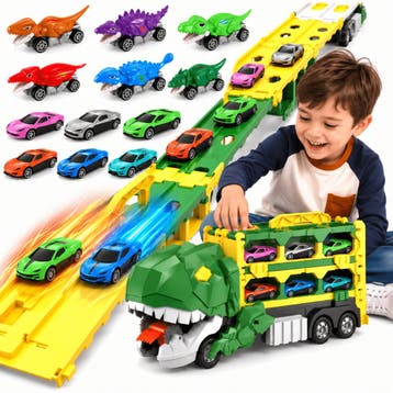 Dino Truck met Racebaan + 12 Autos | Dinosaurus Speelgoed, Ophalen of Verzenden, Nieuw