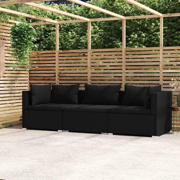 vidaXL Driezitsbank met kussens poly rattan zwart, Verzenden, Nieuw