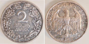 Duitsland 2 Reichsmark 1927f ss, selten zilver, Verzenden