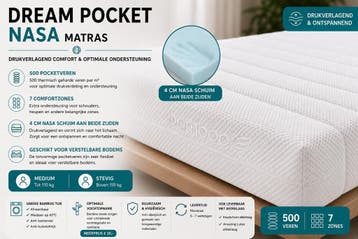 Dream NASA pocketveringsmatras 500 - 140/200, Verzenden, Matras, 200 cm, Nieuw