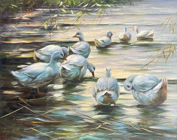 Britse school (XX) - Canards blancs sur leau