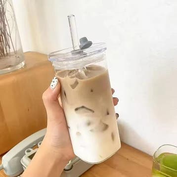 Vierkante Glazen Koffiemok met Deksel en Rietje 380ml, Verzenden, Nieuw