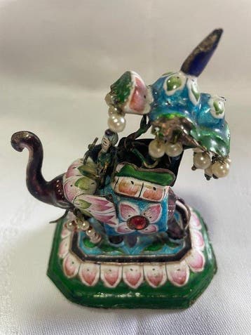 Beeldje - Vtg Indian Enameled Silver Elephant Howdah Mahout