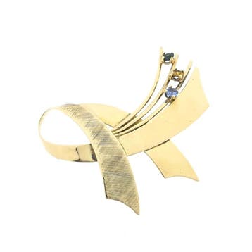 Gouden abstracte broche mix van saffieren, Gebruikt, Ophalen of Verzenden, Met edelsteen, Goud
