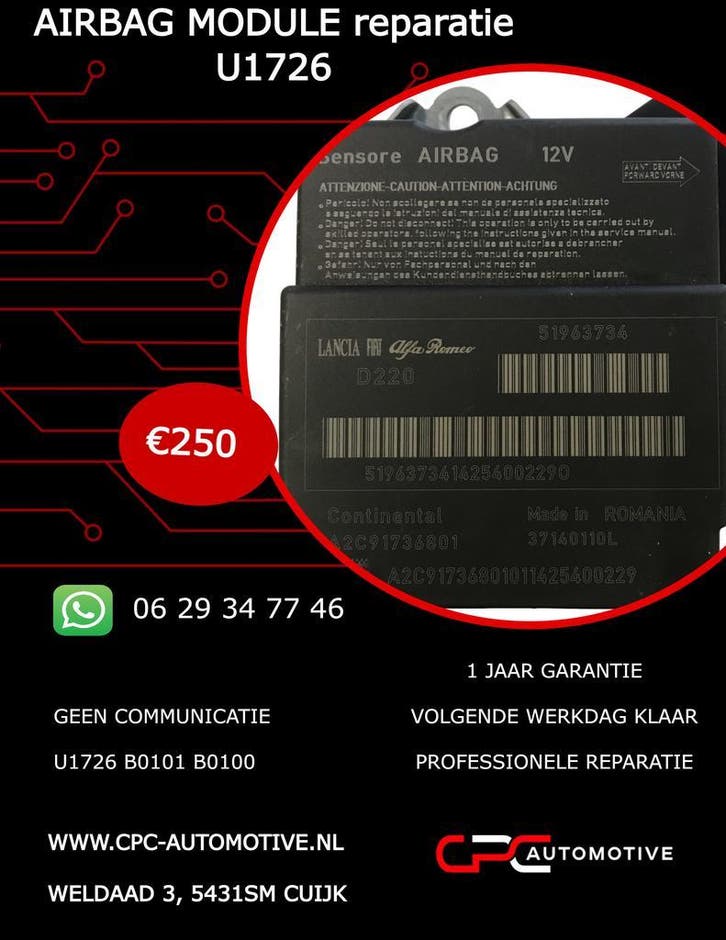 Airbag module reparatie Fiat 500 Fiat Punto Ford Ka U1726, Auto-onderdelen, Elektronica en Kabels, Nieuw, Fiat, Ford, Ophalen of Verzenden