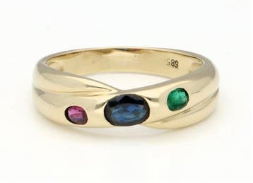 Ring - 14 karaat Geel goud - 0.32ct. tw. Saffier - Smaragd -, Nieuw