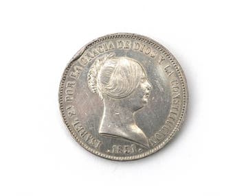 Een zilveren munt, 20 Reales, Isabel II, Spanje, 1851