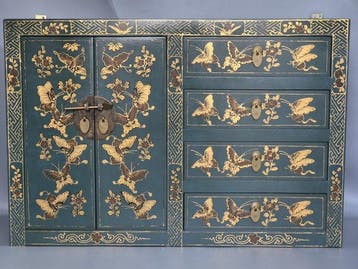 Kast - Aziatische kast commode hout blauw goud vlinders -, Antiek en Kunst