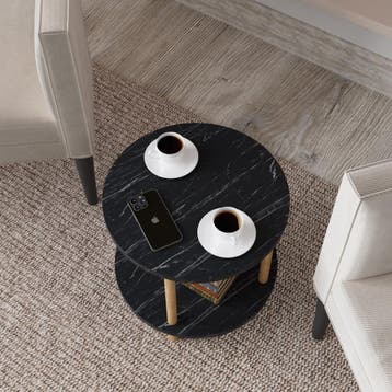 Bijzettafel Ves rond Ø42x49 cm marmerlook zwart en houtkleur, Verzenden, Nieuw