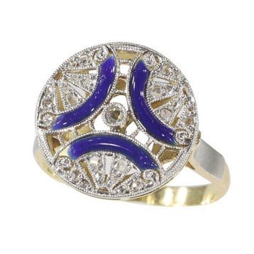 Ring - 18 karaat Geel goud - Diamant - Emaille, Art Deco,, Nieuw