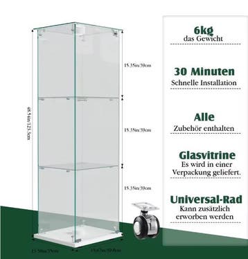 Glazen Vitrinekast met LED – 3 Planken en Slot, Wit, Verzenden, Nieuw