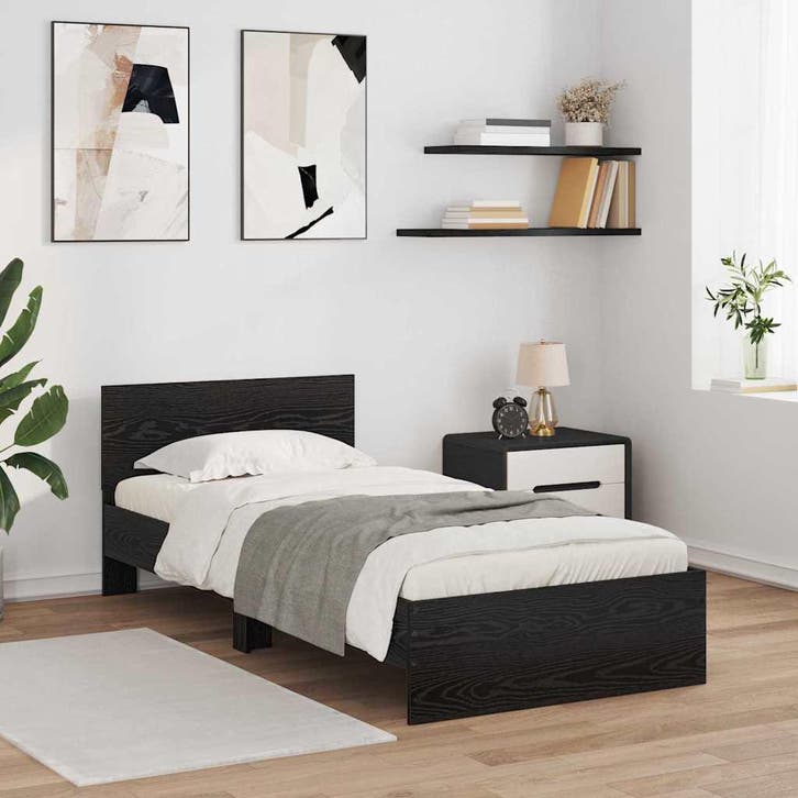 vidaXL Bedframe met hoofdeinde Zwart Eiken 90 x 190 cm, Huis en Inrichting, Slaapkamer | Bedden, Zwart, Nieuw, Hout, Verzenden