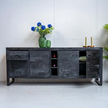 Dressoir Mangohout Kelvin 200 Zwart, Verzenden, Nieuw, Overige houtsoorten, Industriële meubels