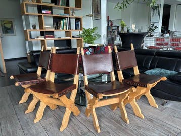 Stoel - Hout, Leder - Set van vier eikenhouten stoelen