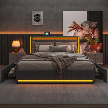 Gestoffeerd bed 140x200 cm met LED, 4 lades en USB, Verzenden, Nieuw