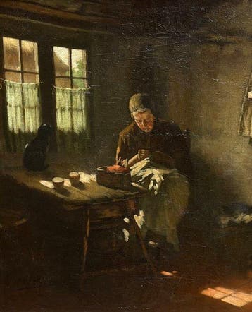 Charles Victor Ensinck (1846-1914) - Herstelwerk met de kat, Antiek en Kunst