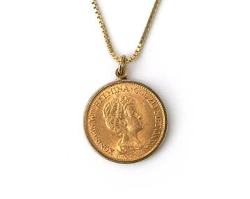 10 gulden Wilhelmina munthanger aan 14 krt. gouden collier, Gebruikt