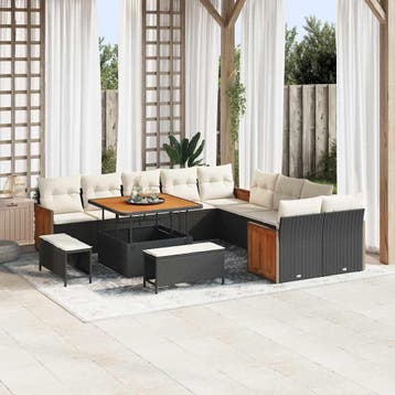 vidaXL Tuinbankenset met kussen 17 pcs Zwart en Crème poly, Verzenden, Nieuw, Rotan, 7 zitplaatsen