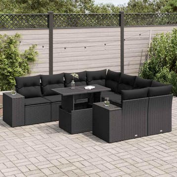 vidaXL 9-delige Loungeset met kussens poly rattan zwart, Tuin en Terras, Verzenden, Nieuw, Loungeset