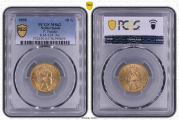 Gouden Wilhelmina 10 gulden 1898 met punt MS62 PCGS, Koning Willem III, Verzenden, Goud, Losse munt