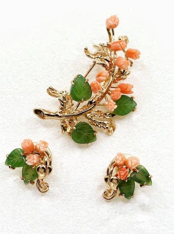 Koraal - jade, koraal - Broche - Speld / Oorbellen Swoboda, Nieuw