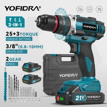YOFIDRA 21V Accu Klopboormachine 3-in-1 met 25+3 Koppelinste, Verzenden, Nieuw