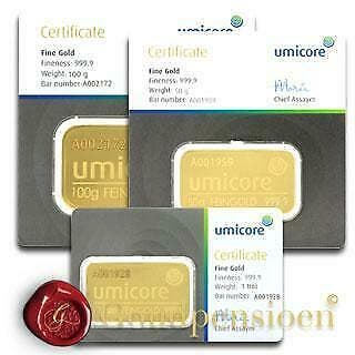 Umicore goudbaren vanaf 1 gram tot 1 kilo 999,9 puur goud, Postzegels en Munten, Ophalen of Verzenden, Goud