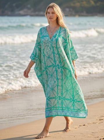 Boho rayon kaftan jurk - Turkoois Sea Fern, Ophalen of Verzenden, Nieuw