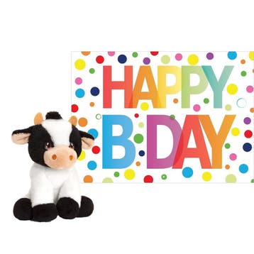 Pluche koe knuffel - 12 cm - met Happy Birthday kaart, Verzenden, Nieuw